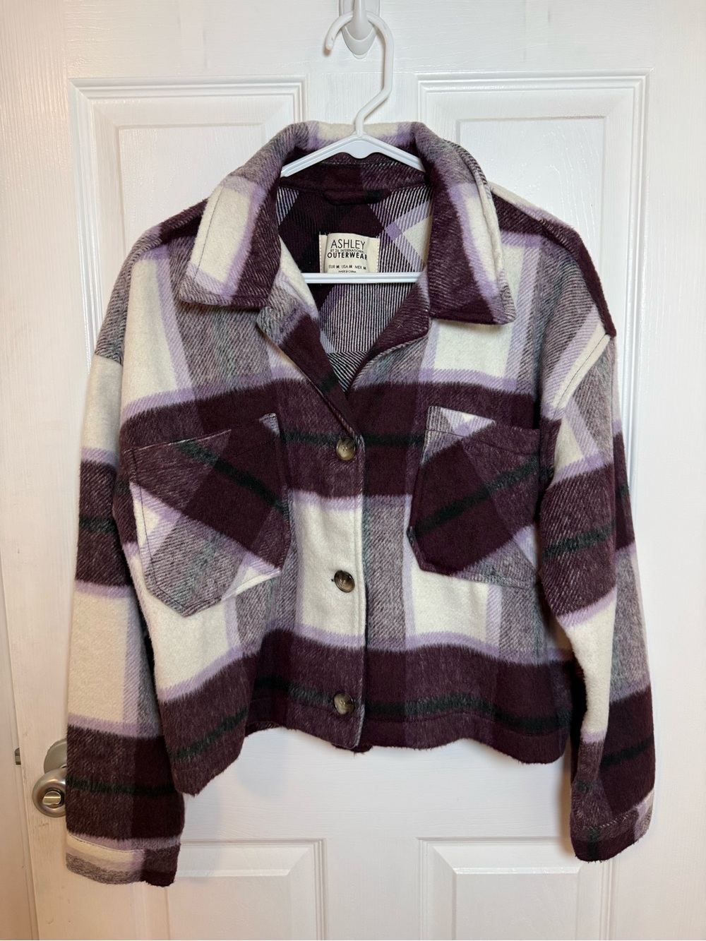 Purple Plaid Button-Front Jacket & Coat, size medium.